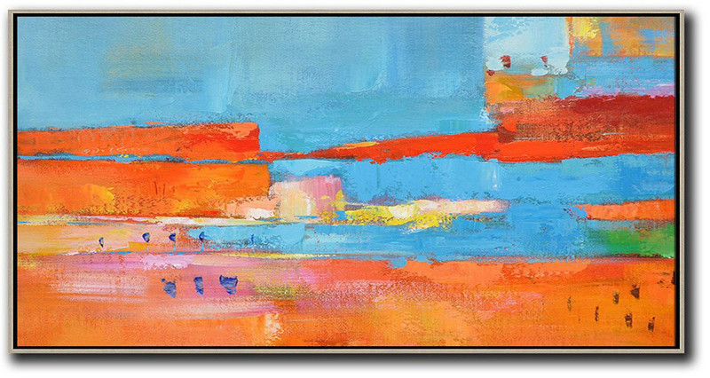 Extra Large Painting,Horizontal Palette Knife Contemporary Art,Original Abstract Painting Canvas Art,Orange,Sky Blue,,Red,Yellow.etc